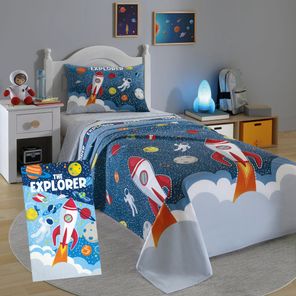 Kit Jogo de Cama + Toalha de Banho Infantil Döhler Astronauta Azul